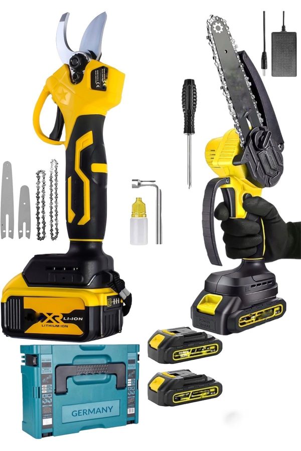 BULLDOZER 2 Li Set  2 Akülü Çelik Şanzuman Şarjlı Dal Ağaç Kesme Bağ Budama Makası Turbo Testere - Görsel 2