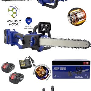 BULLDOZER GERMANY ÇOK Güçlü Çift Akülü Şarjlı Testere Ağaç Odun Dal Kesme Motoru Hızar 30 Cm Pala Boyu BLUE