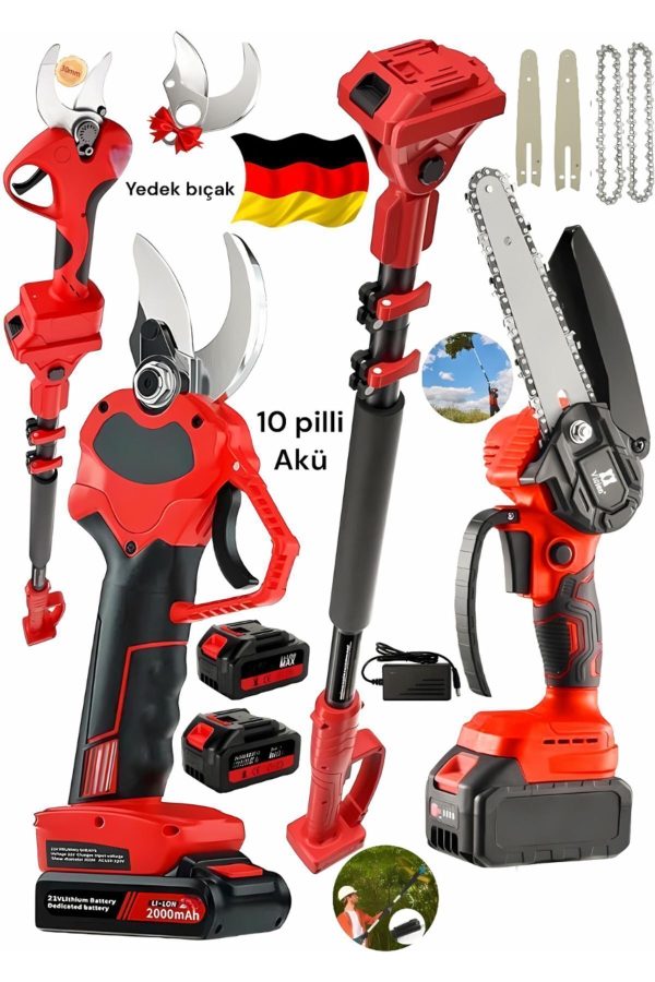 BULLDOZER 865VF ŞARJLI TELESKOPİK UYUMLU 10 PİLLİ DAL BUDAMA MAKASI ZİNCİRLİ TESTERE 2 MAKİNA UYUMLU KOL