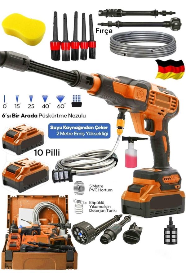 BULLDOZER 30AH Yüksek Basınç 100 Bar Çift Akülü Şarjlı Oto Araç Yıkama Bahçe Yıkama Tabancası VE Fırça Sünger
