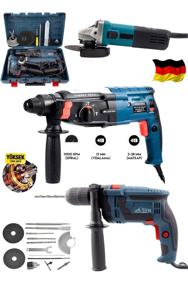 BULLDOZER Profesyonel 3800F 3'Lü Set 2-28 Hilti Matkap + 13 MM Darbeli Matkap Vidalama + 115 mm Taşlama Spiral