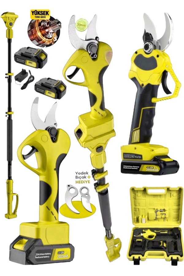 BULLDOZER 999Vf Teleskopik Uzatmalı 30mm Şarjlı Ağaç Dal Budama Bağ Makası Yedek Bıçaklı Bakır x9 Motor