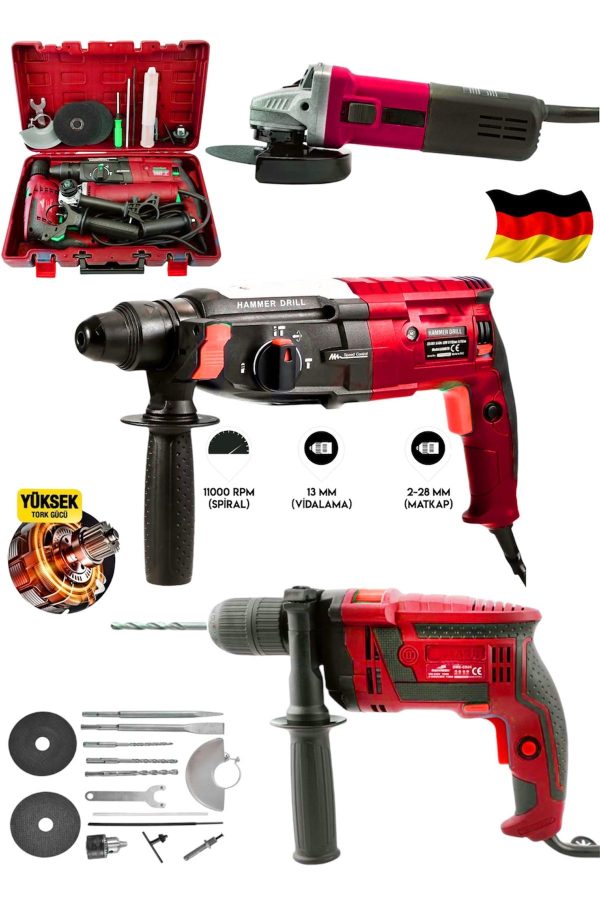 BULLDOZER Profesyonel 3700F 3'Lü Set 2-28 Hilti Matkap + 13 MM Darbeli Matkap Vidalama + 115 mm Taşlama Spiral
