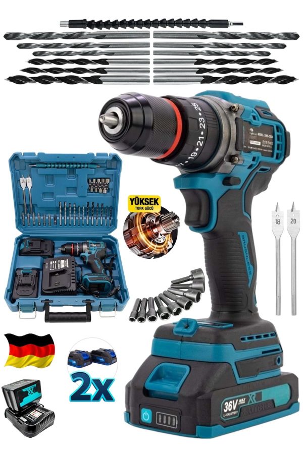 BULLDOZER ALMAN ŞARJLI 990F KÖMÜRSÜZ MOTOR ÇELİK MANDREN AKÜLÜ DARBELİ MATKAP 10MM VİDALAMA BLUE - Görsel 2