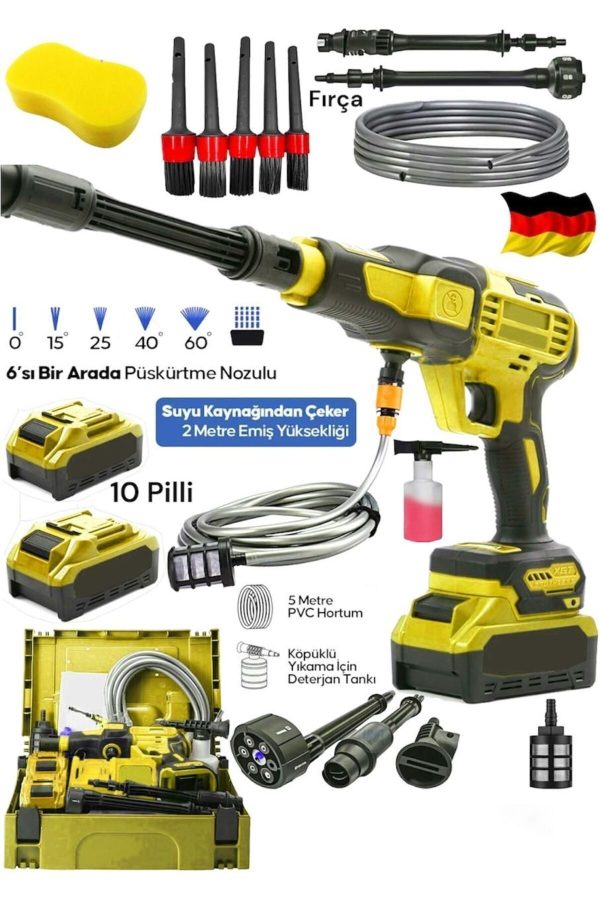 BULLDOZER 30AH Yüksek Basınç 100 Bar Çift Akülü Şarjlı Oto Araç Yıkama Bahçe Yıkama Tabancası VE Fırça Sünger
