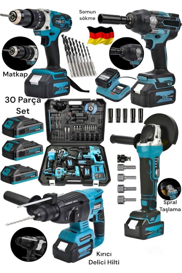 BULLDOZER 4'lü Set 2-26 Şarjlı Hilti-şarjlı Taşlama-13mm Şarjlı Darbeli Matkap-şarjlı Somun Sıkma Makina Uçlar