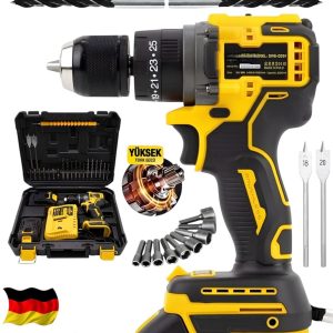 BULLDOZER ALMAN ŞARJLI 990F KÖMÜRSÜZ MOTOR ÇELİK MANDREN AKÜLÜ DARBELİ MATKAP 10MM VİDALAMA SARI