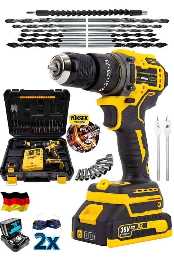 BULLDOZER ALMAN ŞARJLI 990F KÖMÜRSÜZ MOTOR ÇELİK MANDREN AKÜLÜ DARBELİ MATKAP 10MM VİDALAMA SARI - Görsel 2