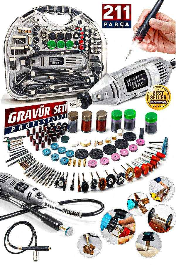 Pvc Çantalı Hobi Gravür Seti 211 Parça 6 Kademe Devir Ayarlı  Mini Taşlama Esnek Şaft Hediye - Görsel 5