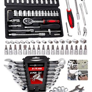 54 Parça 46Mini Lokma Takımı Otomatik Cırcırlı 1/4" 8 Parça Kombine Açık Ağız-yıldız Anahtar Takım