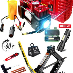 Combo  12V 150PSI Ağır Hizmet Çift Silindirli Çantalı Hava Kompresörü 1500KG  Cırcırlı Kriko Set