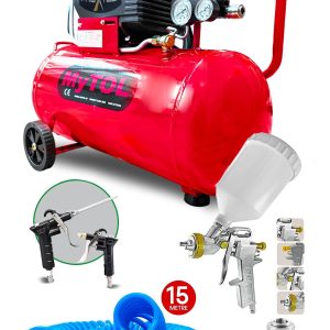 En Çok Tercih Edilen 2HP 50 Litre 8Bar Hava Kompresörü Boya Tabancası ,15Mt Spiral Hortum Boya Set
