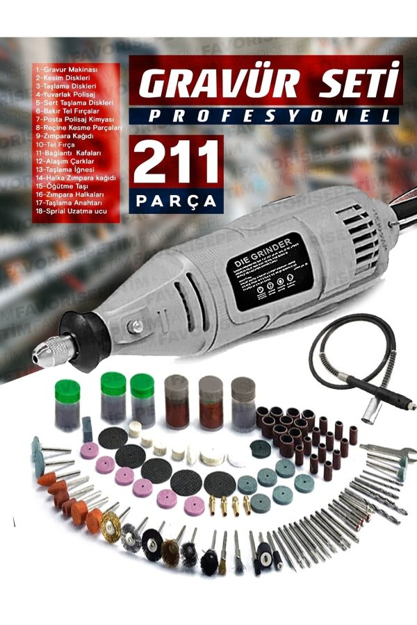 Premium Çok Amaçlı Devir Ayarli 211 Parça Hobi Gravür Seti El Motoru Usta Set Esnek Şaft Hediyeli - Görsel 2