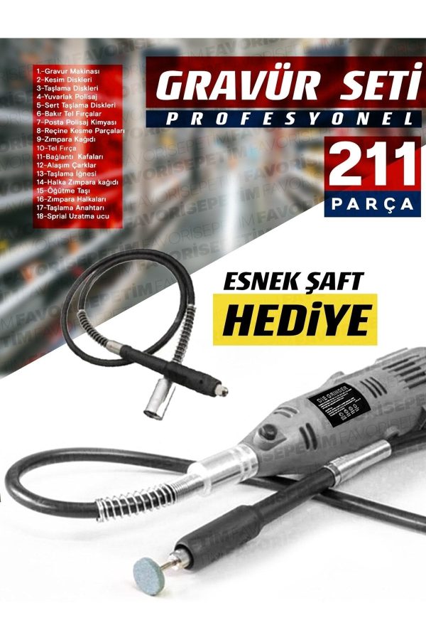 Premium Çok Amaçlı Devir Ayarli 211 Parça Hobi Gravür Seti El Motoru Usta Set Esnek Şaft Hediyeli - Görsel 3