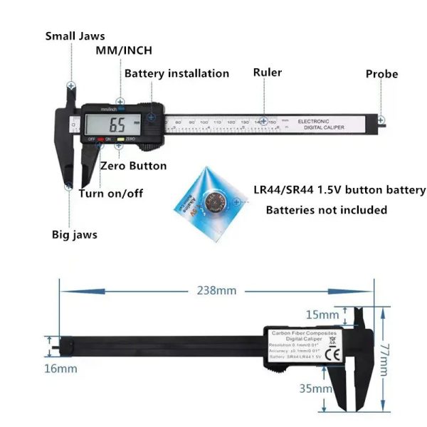 150mm Dijital Kumpas  Hassas Ölçüm Cihazı Karbon Fiber Pil Hediyeli - Görsel 5