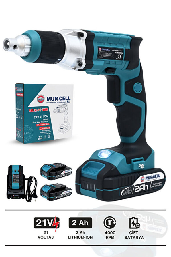 Mur-Cell Mur-pl10w-mavi 21v 2.0ah Profesyonel Çift Batarya Şarjlı Alçıpan Vidalama - Görsel 2