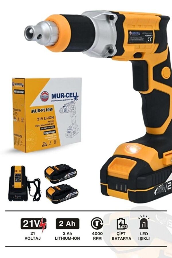 Mur-Cell Mur-pl10w Sarı 21v 2.0ah Profesyonel Çift Batarya Şarjlı Alçıpan Vidalama Sarı Kömürsüz - Görsel 2
