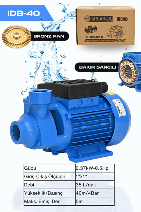 Mur-Cell Idb40 Su Pompası Bakır Sargılı Santifirüj Pompa Kendinden Emişli Motor 0.5hp - Görsel 6