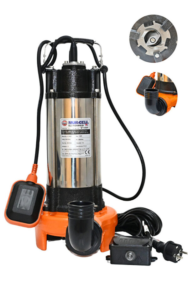 Mur-Cell V1100df Bıçaklı Bakır Sargılı Drenaj Pompası Çift Termik Korumalı 1.1kw 1.5hp