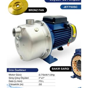 DAYUAN JET750SC BAKIR SARGILI PASLANMAZ GÖVDE 0.75kW 1HP SU MOTORU DİNAMO SANTİFÜRÜJ POMPA