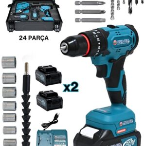 Mur-Cell 9017 21v Kömürsüz Motor Çelik Mandren 24 Parça Darbeli Şarjlı Matkap Akülü Vidalama Seti