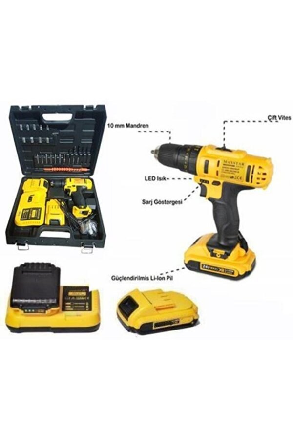 Maxstar 24v 5ah Li-ion Çift Akülü Çantalı Şarjlı Matkap - 24 Parça Uç Seti Akülü Vidalama Seti - Görsel 2